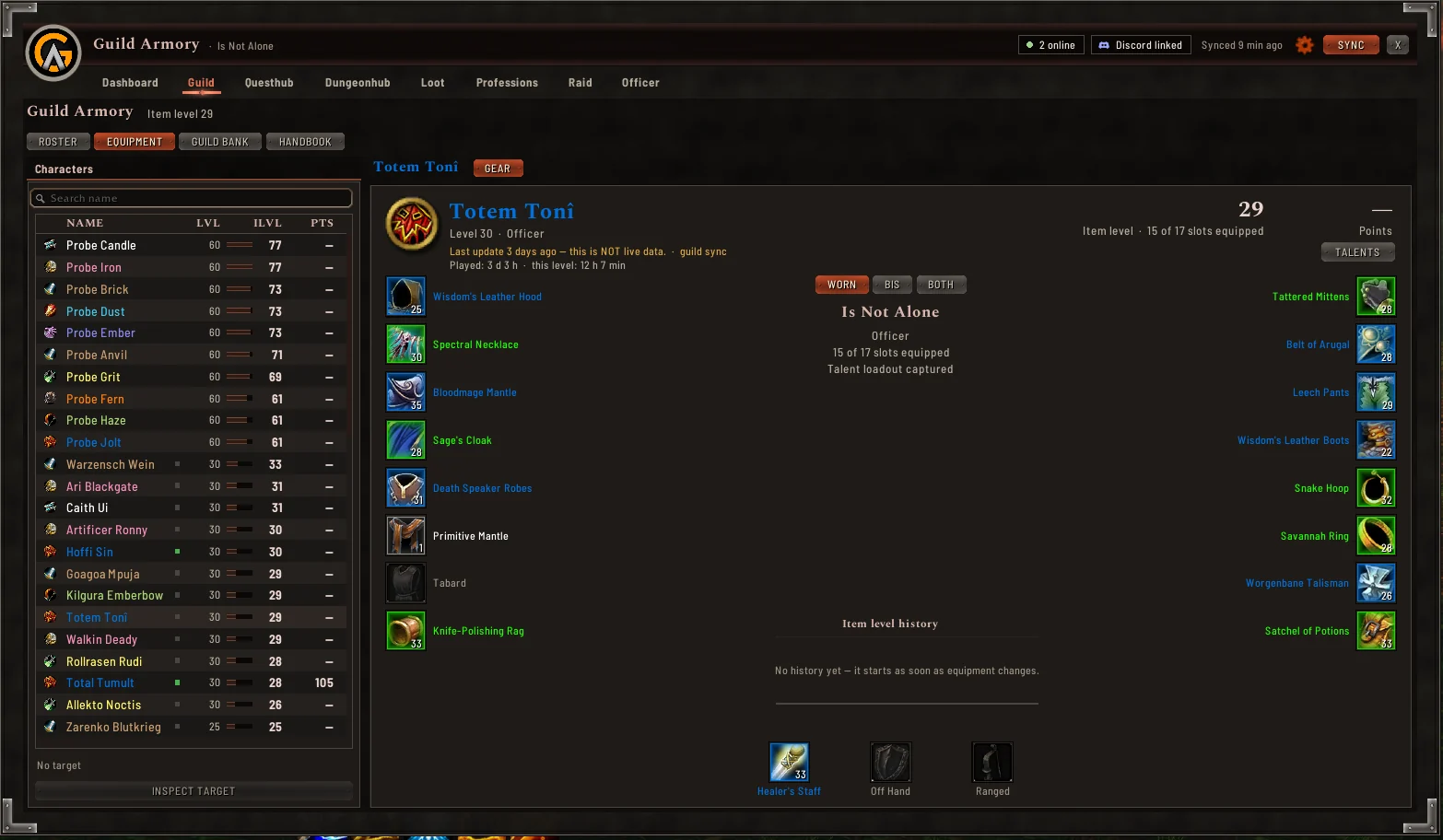The equipment tab: a member's gear as a paper doll next to the list of characters with level and item level