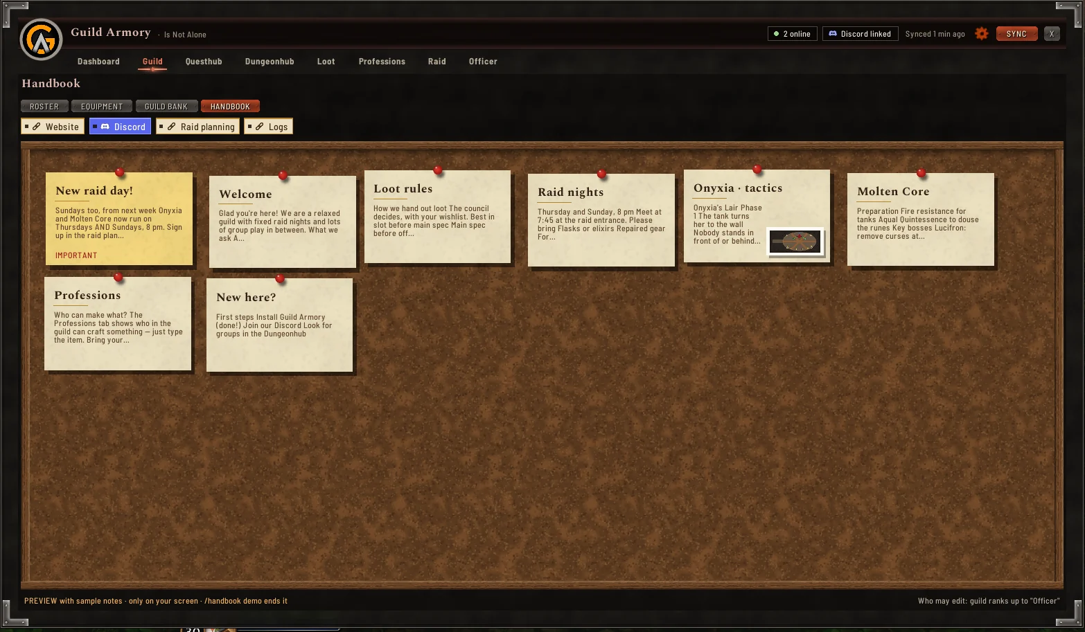 The Handbook notice board with pinned notes