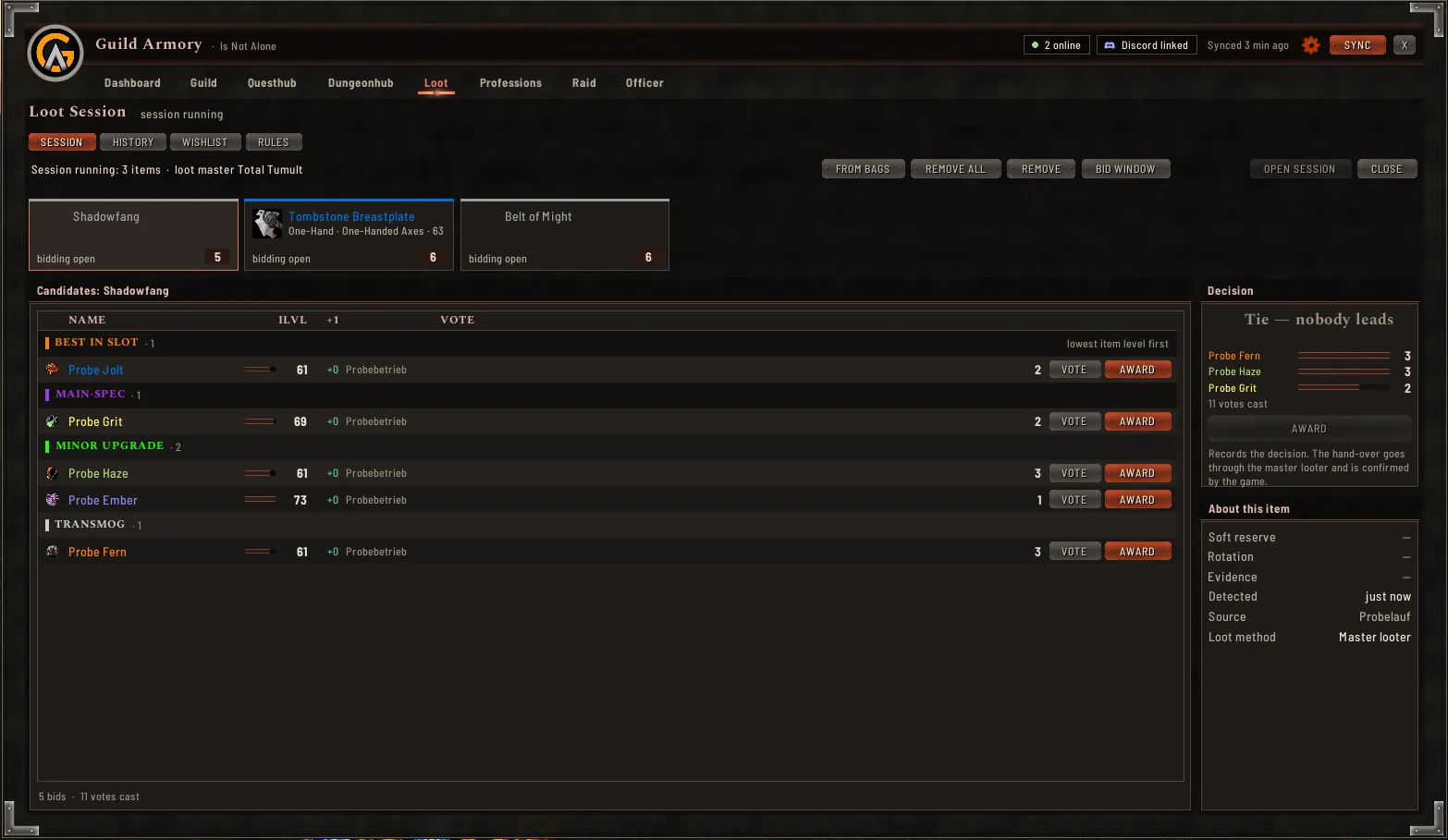 A loot session with candidates grouped by best in slot, main spec and minor upgrade
