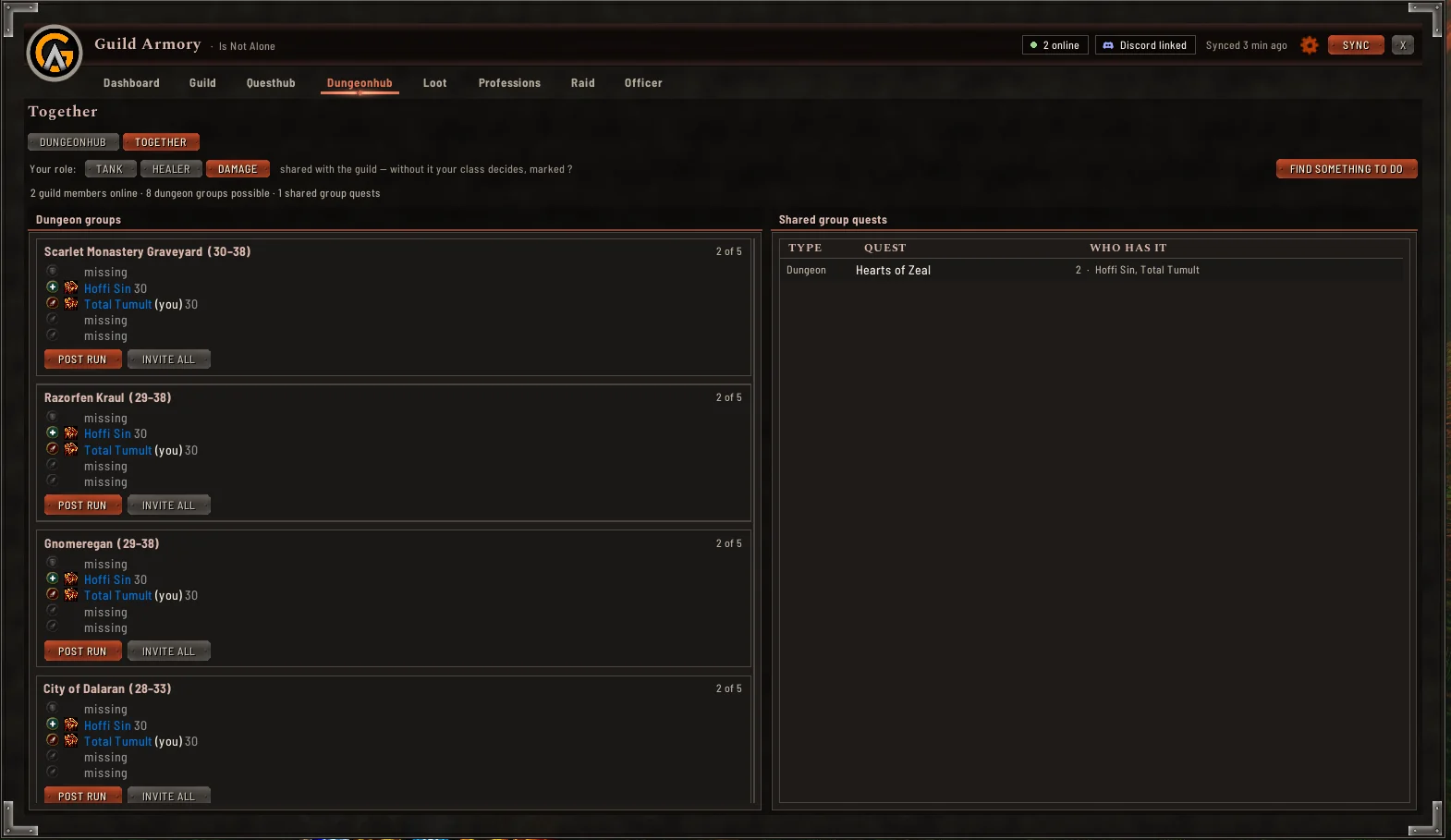 Together: dungeon groups built from the members online, with shared group quests